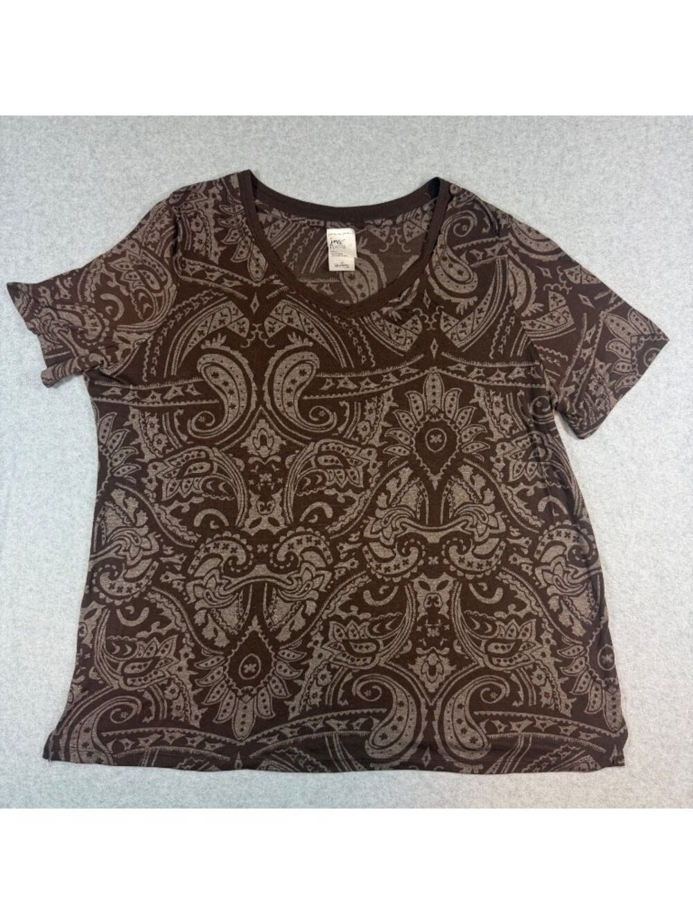 Just My Size Women's Plus 1X 16W Brown Paisley V-Neck Short Sleeve Casual Top